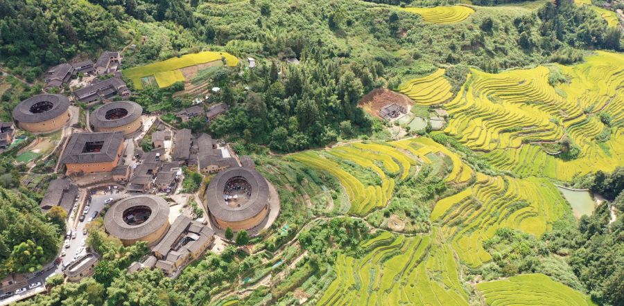 1.福建土楼标志性建筑田螺坑土楼群旁是错落有致的金黄色稻田，两者相互衬映，美不胜收。韩佳镔 摄